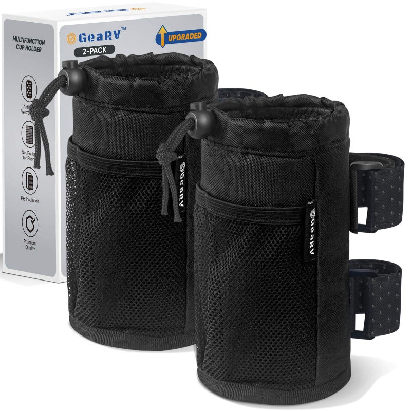 GEARV 2Pack Cup Holder for Bike, Scooter and Wheelchair, Water Bottle Holder for UTV/ATV, Walker, Golf Cart and Beach, Universal Drink Holder Accessories with Net Pocket and Cord Lock (Black) - Image 1